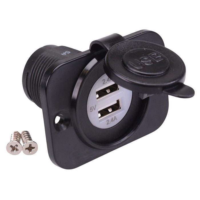 Dual USB-A 5V 2.4A Panel Mount Socket with LED & Flange A13-194B2PS-BB3