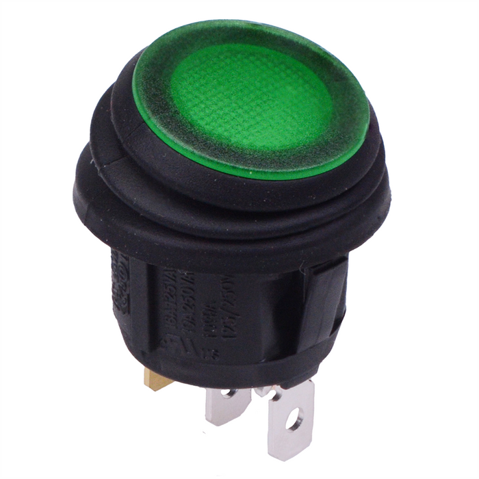 Green Waterproof 230V illuminated 20mm Round Rocker Switch SPST 10A R13-112B8W-02