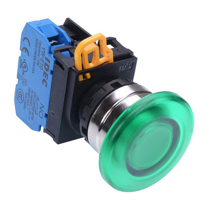 YW4L-A4E10Q4G Green 24V illuminated 22mm Metal Bezel Mushroom Maintained Push Button Switch NO IP65 IDEC