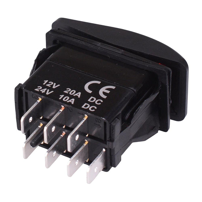 Red illuminated (On)-Off-(On) Momentary Automotive Rocker Switch DPDT 10A 12-24V