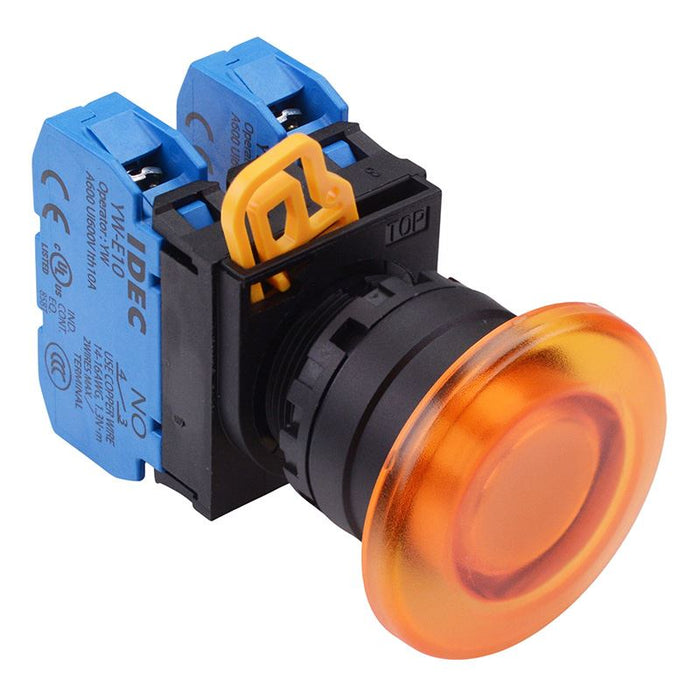 YW1L-A4E20Q0A Amber 22mm Mushroom Maintained Push Button Switch 2NO IP65 IDEC