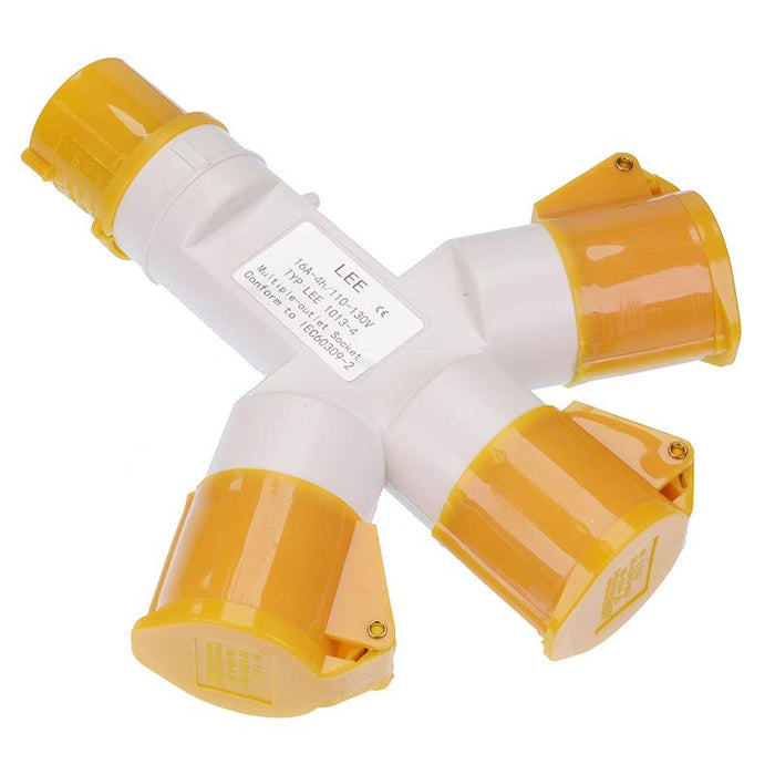 Yellow 3 Way Splitter 16A 110V 2P+E IP44