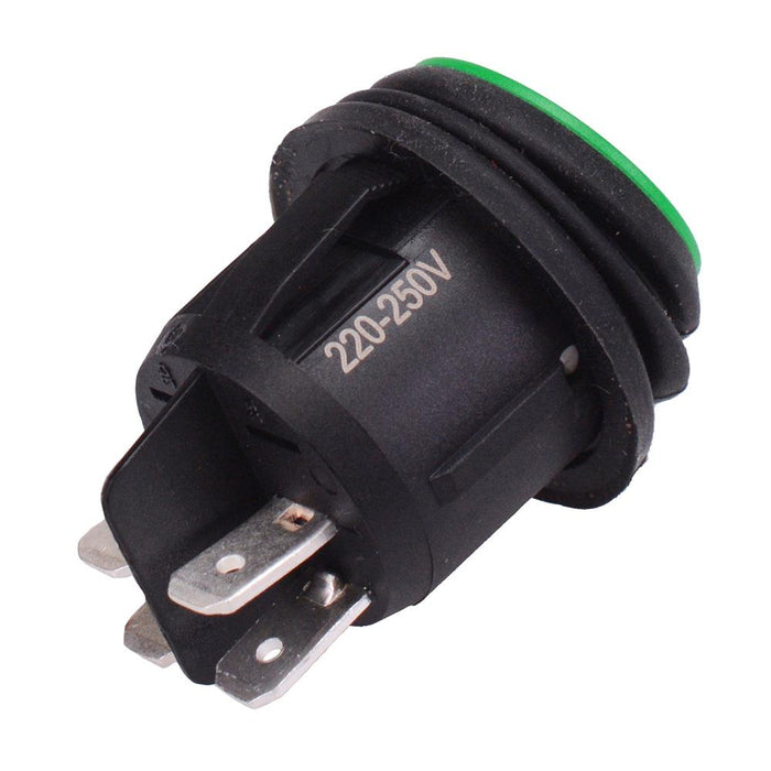 Green 230V illuminated Waterproof On-Off 20mm Round Rocker Switch DPST 10A R13-244B8-02