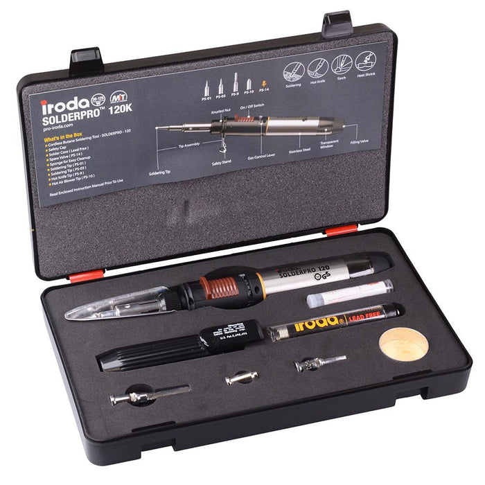 IRODA SolderPro 120K Cordless Butane Gas Soldering Iron 4-in-1 Kit 30-120W