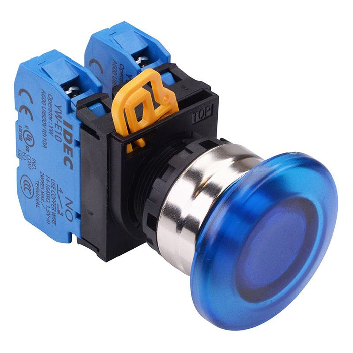 YW4L-M4E20Q0S Blue 22mm Metal Bezel Mushroom Momentary Push Button Switch 2NO IP65 IDEC