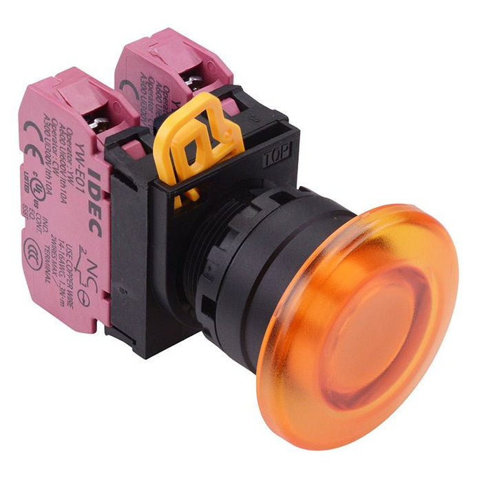 YW1L-A4E02Q0A Amber 22mm Mushroom Maintained Push Button Switch 2NC IP65 IDEC