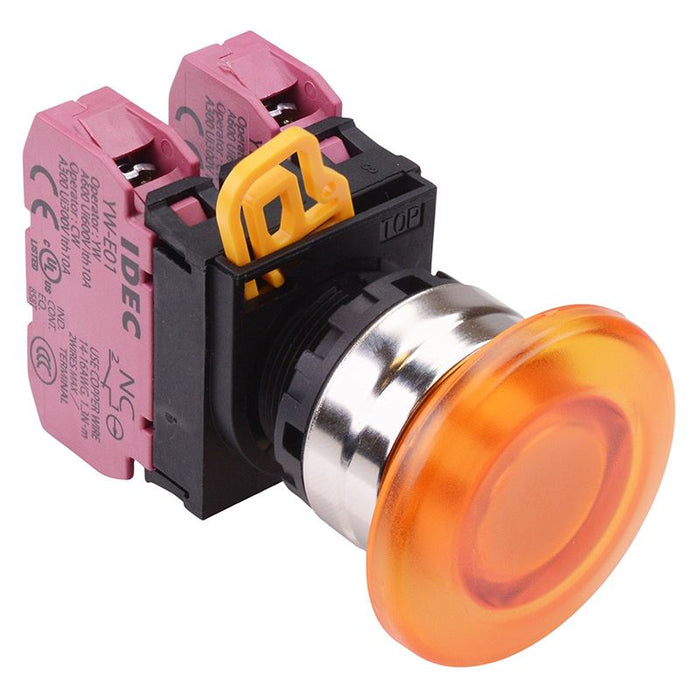 YW4L-A4E02Q0A Amber 22mm Metal Bezel Mushroom Maintained Push Button Switch 2NC IP65 IDEC