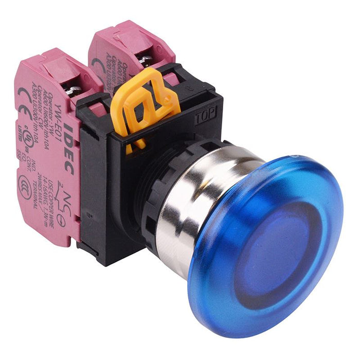 YW4L-M4E02Q0S Blue 22mm Metal Bezel Mushroom Momentary Push Button Switch 2NC IP65 IDEC