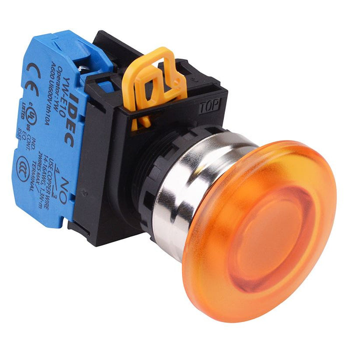YW4L-M4E10Q3A Amber 12V illuminated 22mm Metal Bezel Mushroom Momentary Push Button Switch NO IP65 IDEC