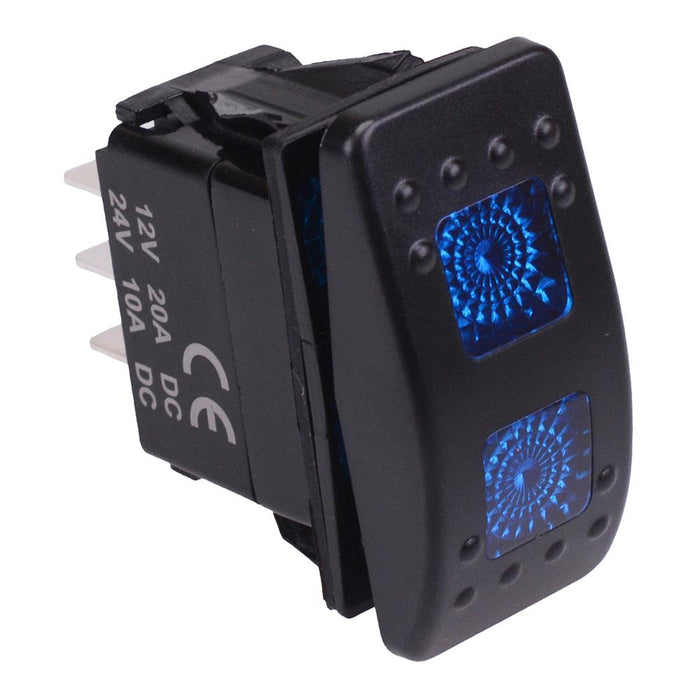 Blue illuminated (On)-Off-(On) Momentary Automotive Rocker Switch DPDT 10A 12-24V