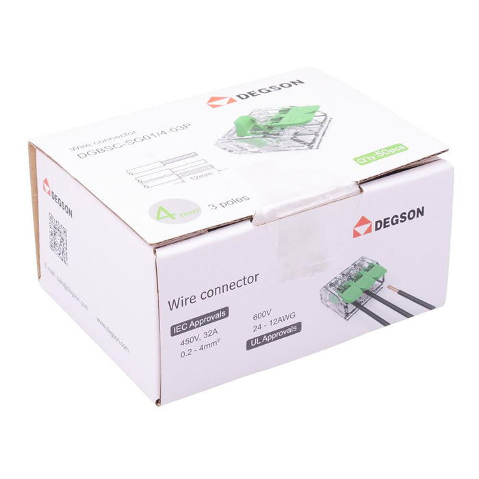 3 Way Spring Lever Terminal Block Connector 32A 450V - Box of 50