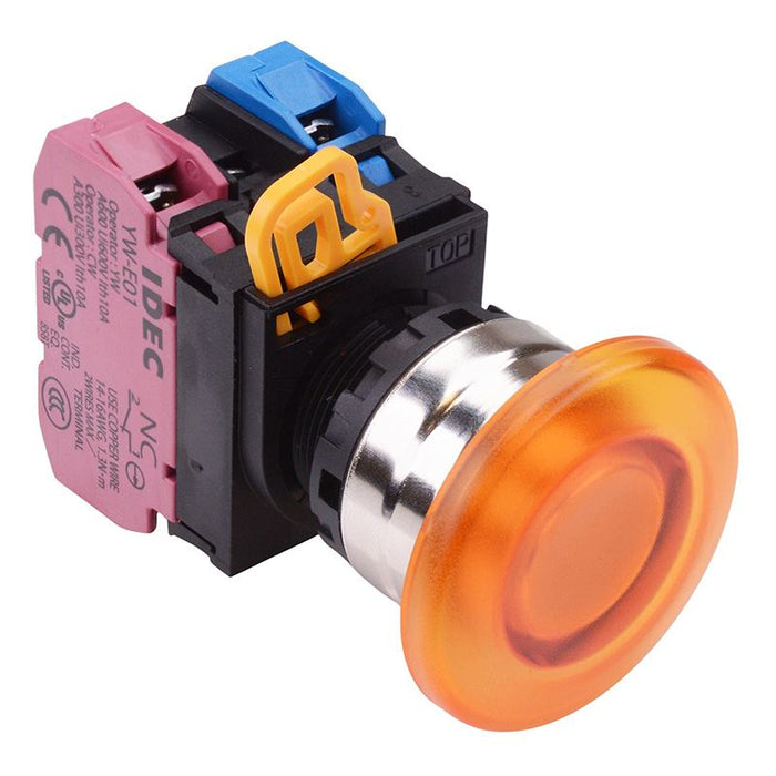 YW4L-A4E11Q3A Amber 12V illuminated 22mm Metal Bezel Mushroom Maintained Push Button Switch 1NO-1NC IP65 IDEC