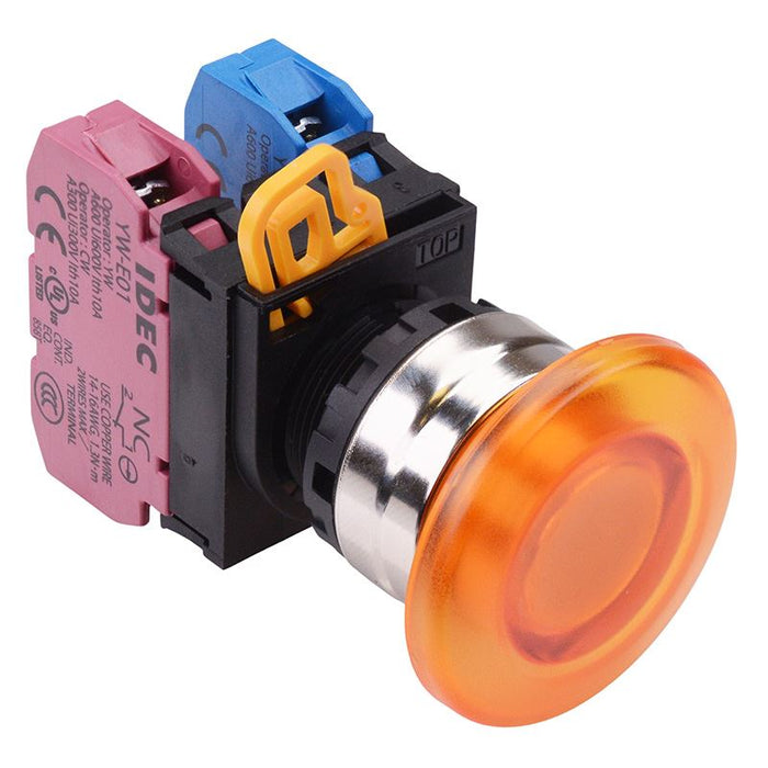 YW4L-A4E11Q0A Amber 22mm Metal Bezel Mushroom Maintained Push Button Switch 1NO-1NC IP65 IDEC