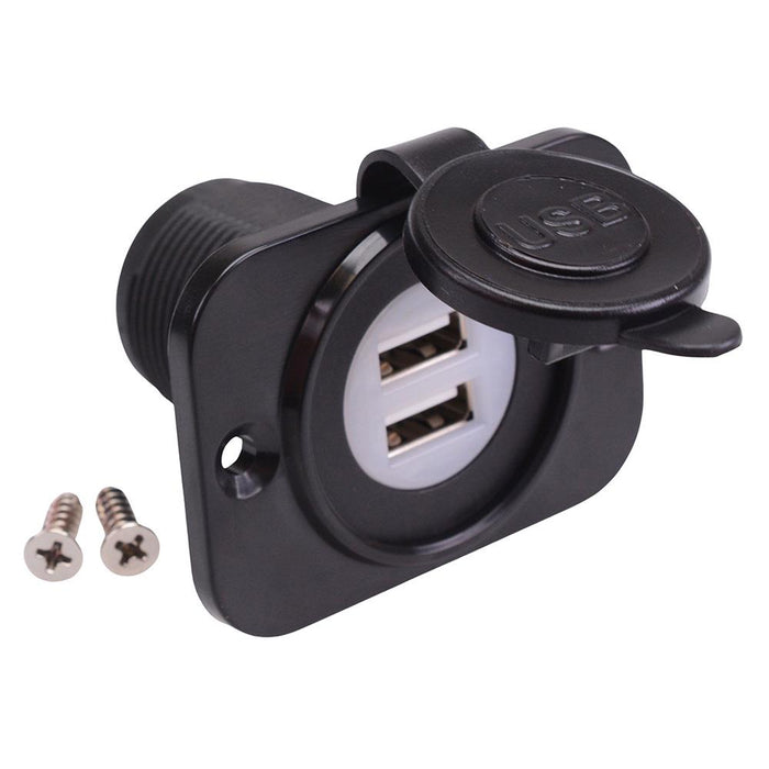 Dual USB-A 5V 2.1A Panel Mount Socket with LED & Flange A13-194BPS-BB3