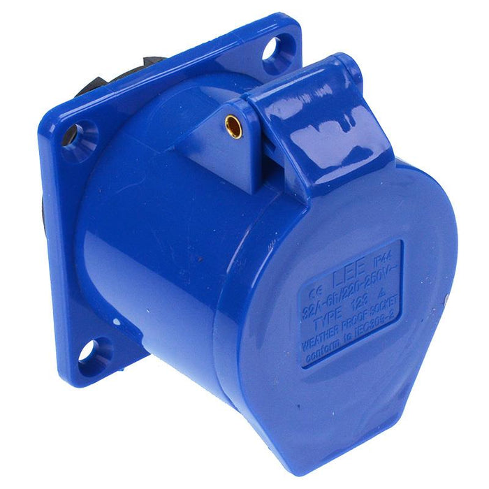 Blue 32A 230V 2P+E Industrial Panel Mount Socket IP44