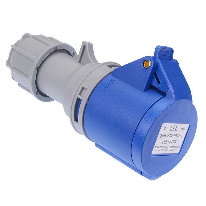 Blue 16A 230V 2P+E Industrial Inline Socket IP44