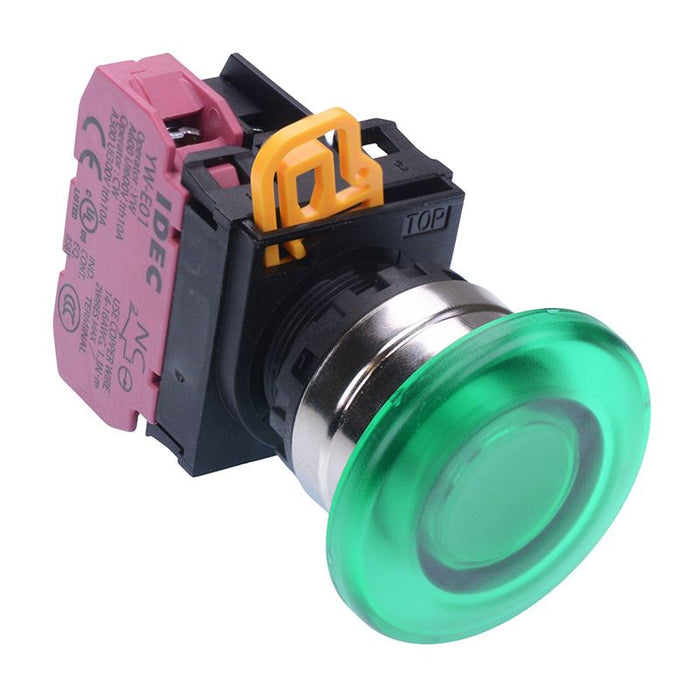 YW4L-M4E01Q3G Green 12V illuminated 22mm Metal Bezel Mushroom Momentary Push Button Switch NC IP65 IDEC