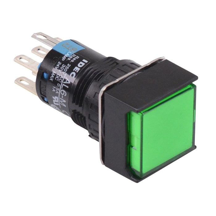 AL6Q-A21PG Green 16mm 5VDC Latching Square illuminated Push Button Switch IP65 DPDT
