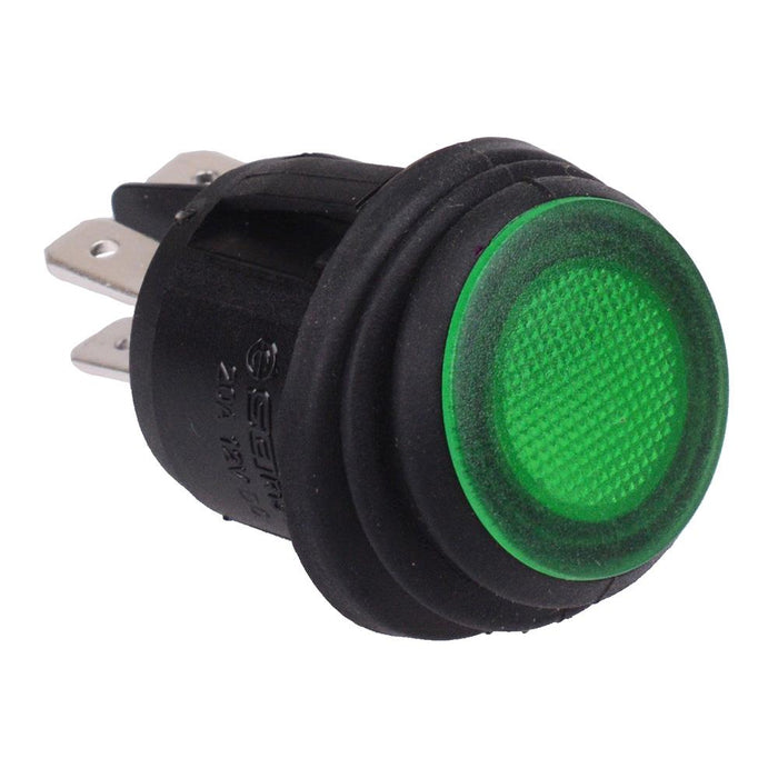 Green 12V illuminated Waterproof 20mm Round Rocker Switch DPST 20A R13-244B8-02