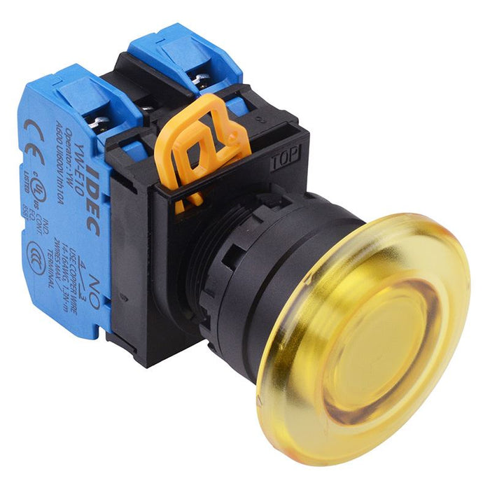 YW1L-A4E20Q3Y Yellow 12V illuminated 22mm Mushroom Maintained Push Button Switch 2NO IP65 IDEC