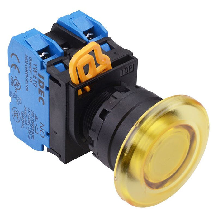 IDEC Yellow 12V illuminated 22mm Mushroom Maintained Push Button Switch 2NO IP65 YW1L-A4E20Q3Y