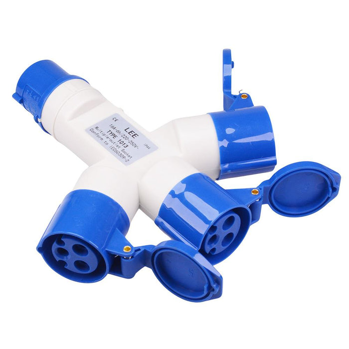Blue 3 Way Splitter 16A 230V 2P+E  IP44