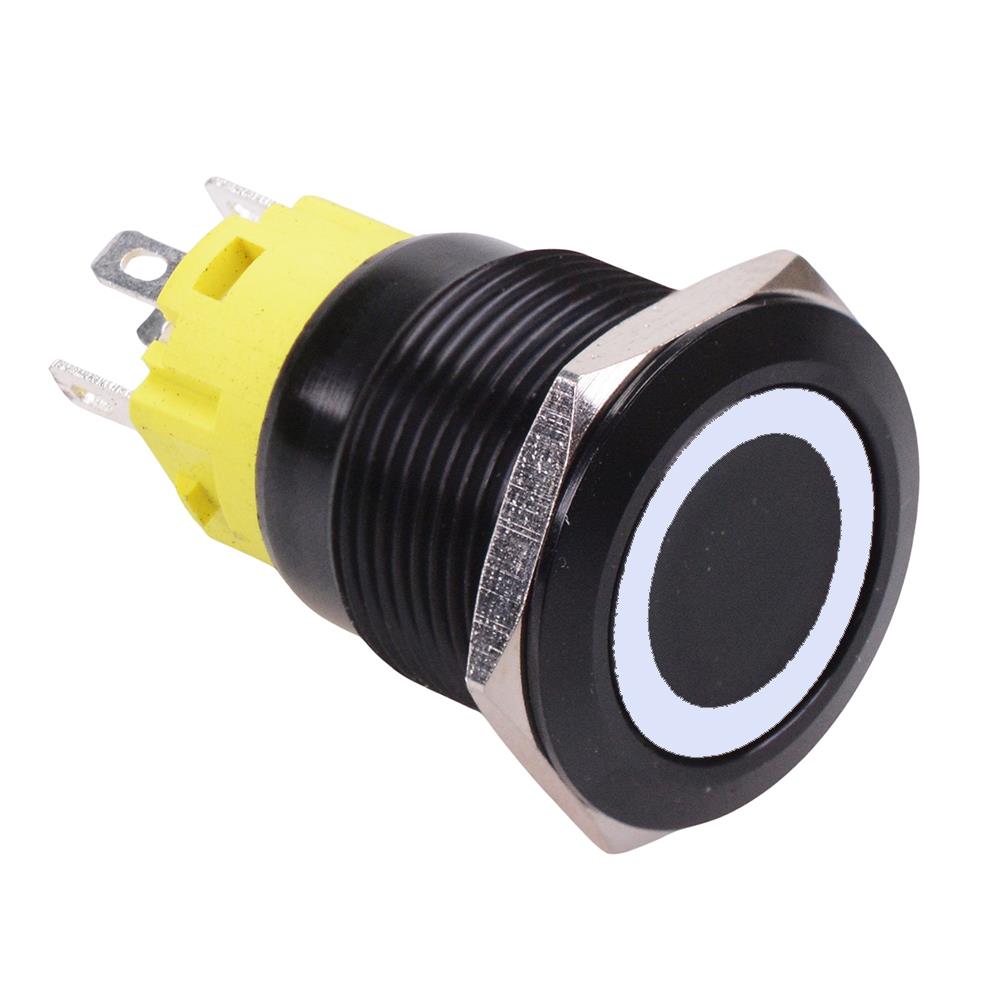 White LED On-On Latching 19mm Black Vandal Resistant Push Button Switc ...