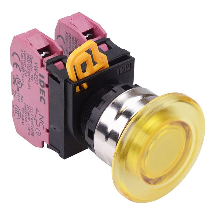 YW4L-M4E02Q0Y Yellow 22mm Metal Bezel Mushroom Momentary Push Button Switch 2NC IP65 IDEC