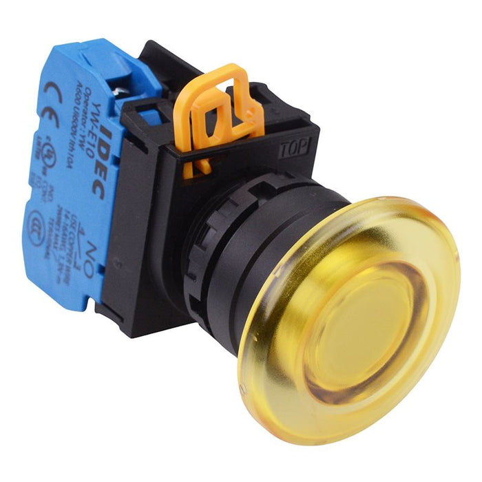 IDEC Yellow 12V illuminated 22mm Mushroom Maintained Push Button Switch NO IP65 YW1L-A4E10Q3Y