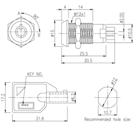 On-Off 12mm Metal Key Switch SPST 1A